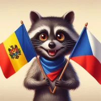 Animated raccoon who holds flags of Moldova and Czech Republic.webp
